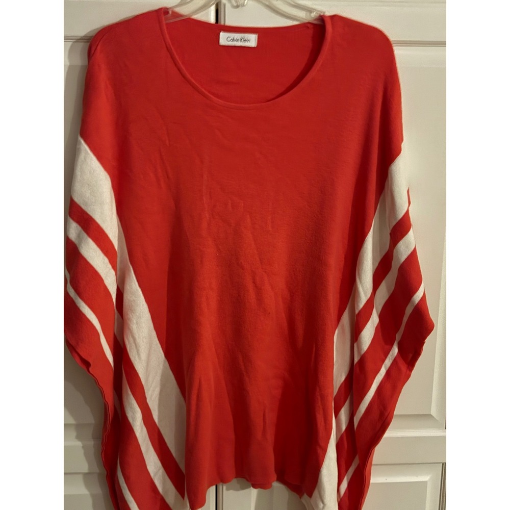 Calvin Klein Red White Striped Knit Poncho Sweater Scoop Neck Draped Wrap